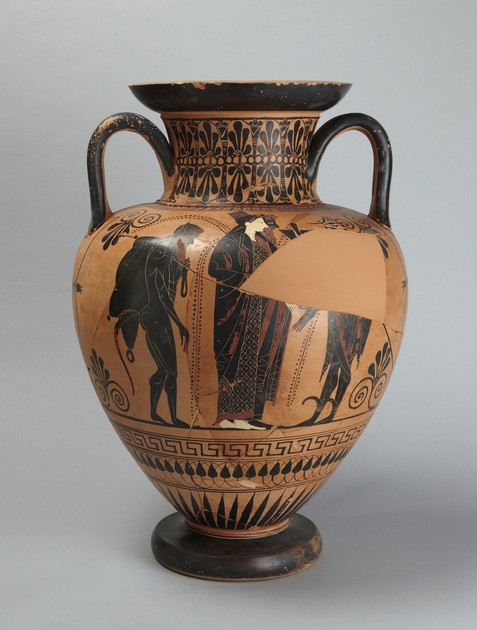 Black-figure neck-amphora: Dionysos and Ariadne bewteen satyr and ...