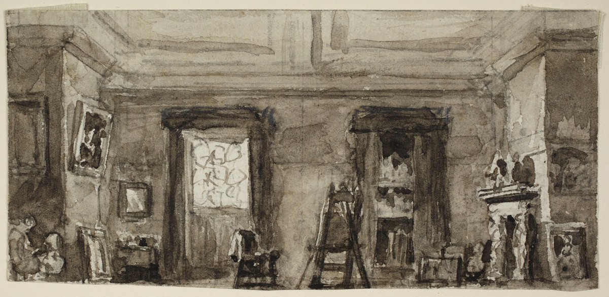 Interior: studio with fireplace and easel (x1948-212)