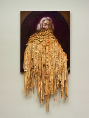 Titus Kaphar, American, born 1976. To Be Sold, 2018. Oil on canvas with rusted nails, 152.4 × 121.9 × 8.9 cm; with strands: 248.9 × 121.9 × 8.9 cm. Museum purchase, Fowler McCormick, Class of 1921, Fund (2018-83) © Titus Kaphar