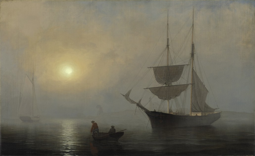 Gloucester Harbor at sunset Ship in a Fog Perfect Oil painting Fitz Hugh Lane 