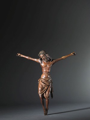 Austrian or German crucifix, sculpted from fruitwood, ca. 1400