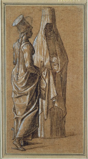 Vittore Carpaccio (Italian, ca. 1460/66– 1525/26), Two Standing Women, One in Mamluk Dress, 1501–8. Brush and brown ink with brush and gray-brown wash, heightened with white gouache, over black chalk, on light brown laid paper, 23.2 x 12.1 cm. Gift of Frank Jewett Mather Jr. (x1944-274)