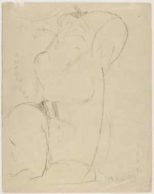 Amedeo Modigliani (Italian, 1884–1920), Anadiomena, ca. 1914–15. Graphite with traces of yellow pencil on thin light tan wove paper, 33.9 x 26.5 cm. Bequest of Dan Fellows Platt, Class of 1895 (x1948-390)