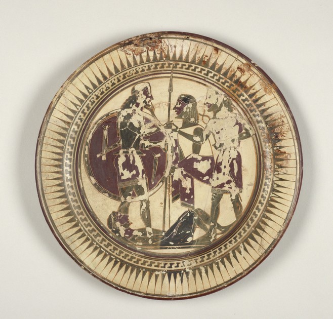 Plate: Ransom of Hector (interior); two bearded sirens (exterior ...